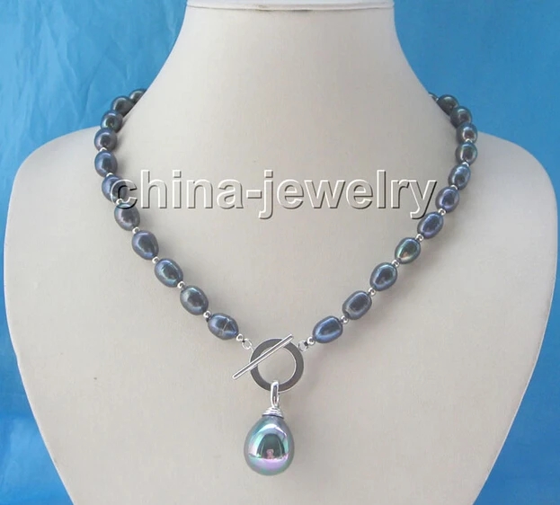 

Lovely Women's Wedding Jewelry shipping> >>> 18" 11-12mm black baroque freshwater pearl necklace-20mm shell pearl pendant