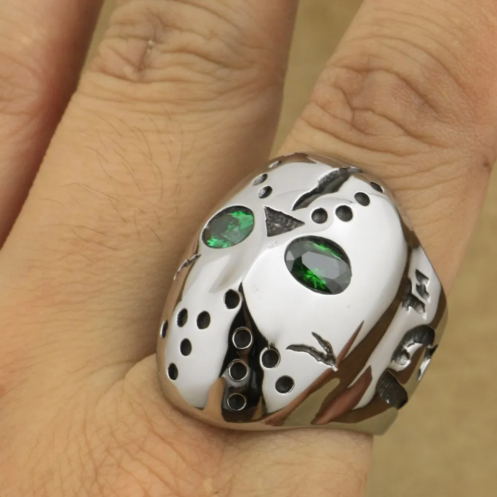 316L Stainless Steel Halloween Jason Hockey Green CZ Eyes Mens Ring 3F201A