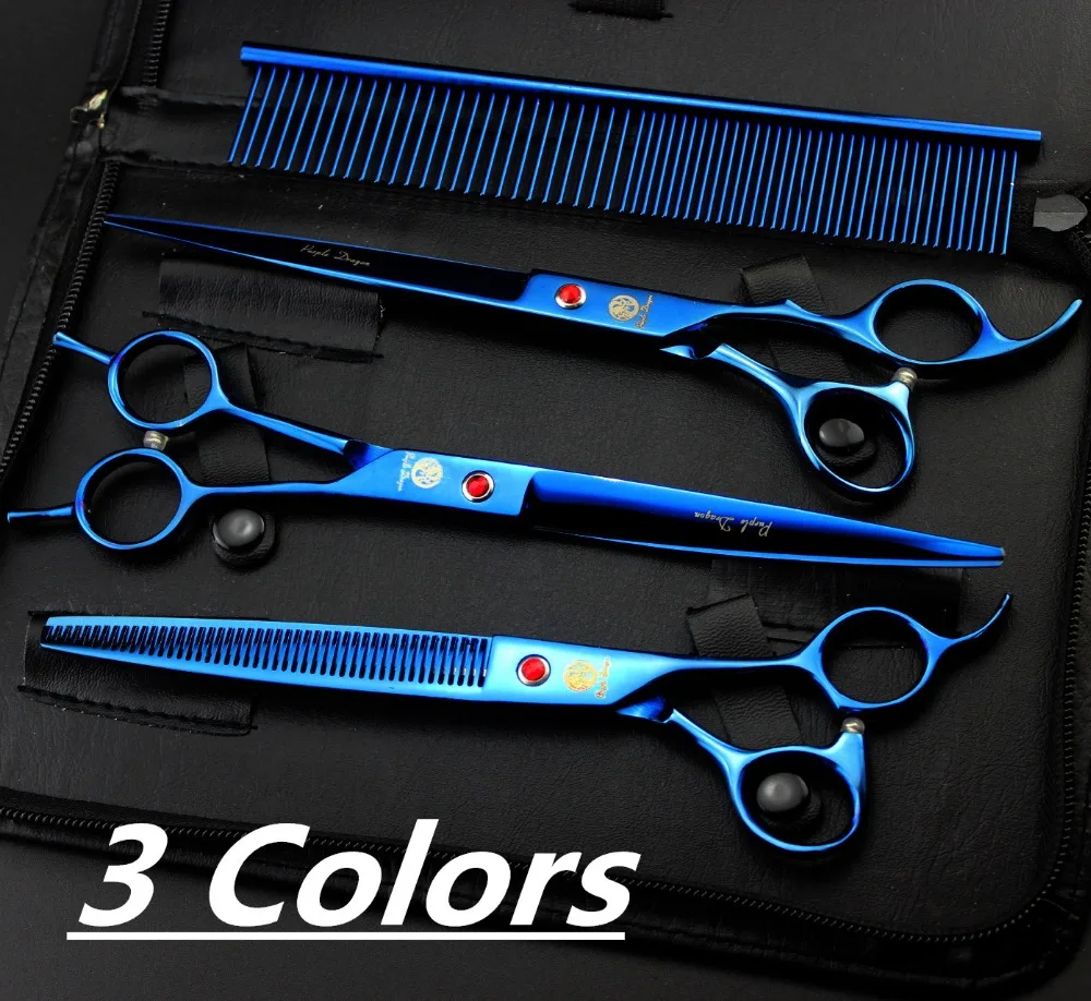 4Pcs Suit Pets Scissor 688# 8'' Hairdressing Scissors 440C Curving Dogs Cats Pets Cutting Scissors Thinning Shears Hair Scissors