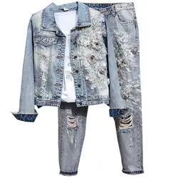 spring autumn new fashion heavy beaded embroidery denim long sleeved jacket +hole pencil jeans two-pieces sets