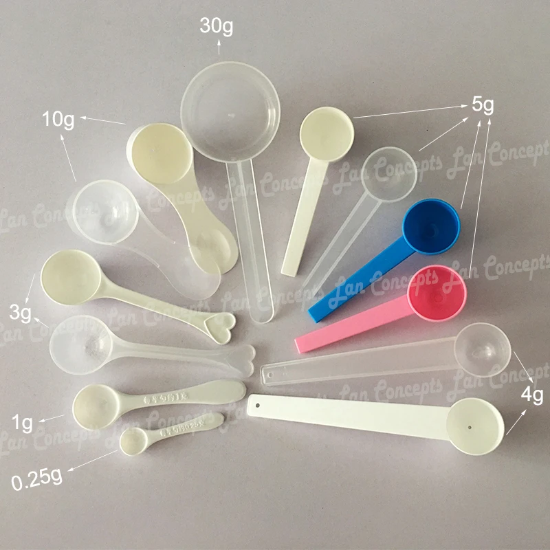 50pcs/lot Plastic Scoop Measuring PP Spoon  0.1g 0.25g 1g 2ml 3g 6ml 4g 8ml 5g 10ml 10g 20ml 30g for option - free shipping