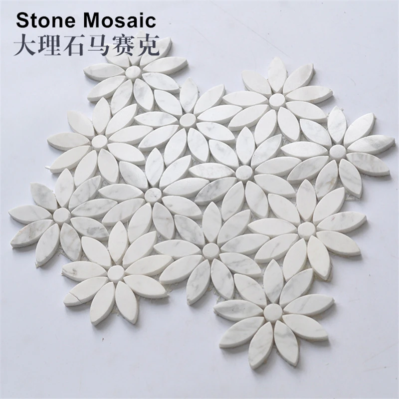 Nordic Style Polished Natural Stone Carrara White Flower Pattern Marble Mosaic Tile, Kitchen Bathroom fireplace wall floor tiles