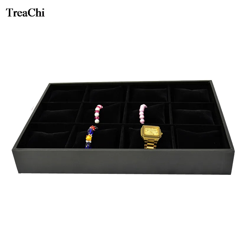 12 Grids Convenience Jewelry Display Case Bangle Bracelet Display Pillow Box Black PU Velvet Cushion Watch Holder Tray