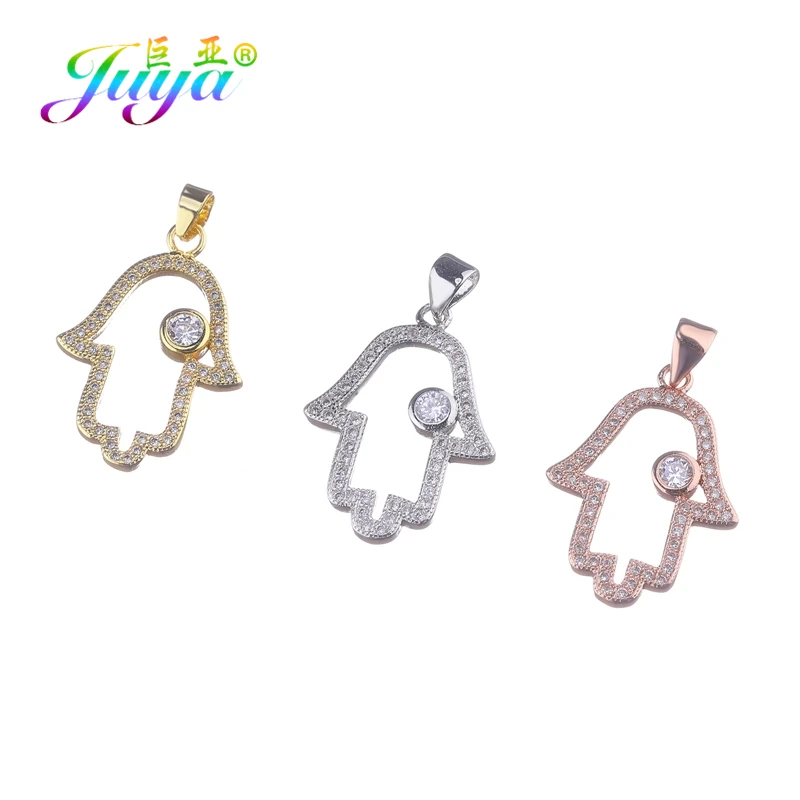 Juya DIY Amulets Bracelet Necklace Making Accessories Micro Pave Zircon Hamsa Hand Of Fatima Charm Pendants Supplis