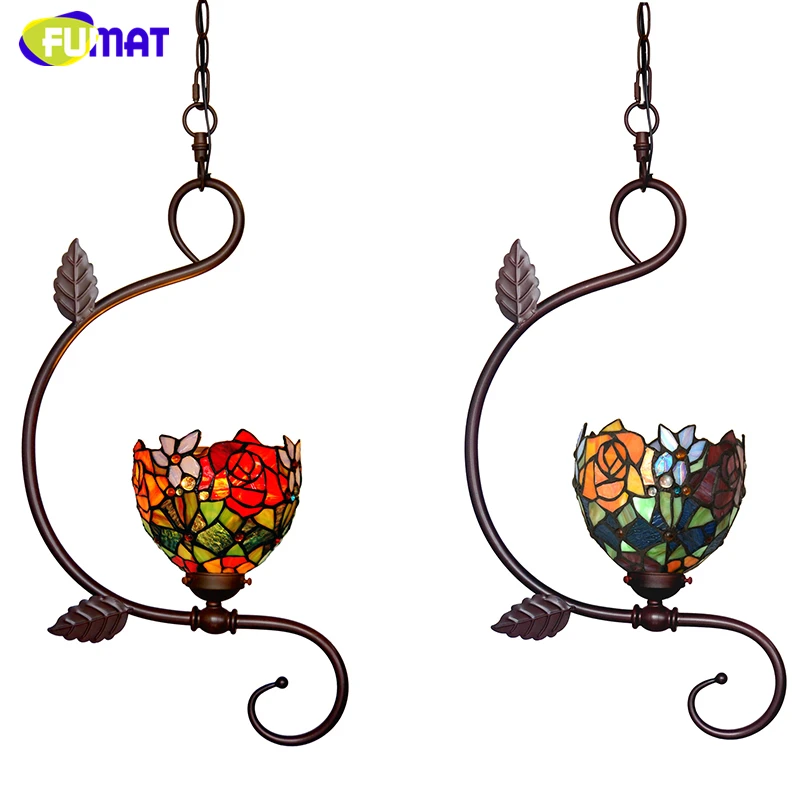 FUMAT Stained Glass Pendant Lights Garden Art Lamp Dinner Room Restaurant Suspension Lamp Orchids Rose Grape Glass Lamp Lighting