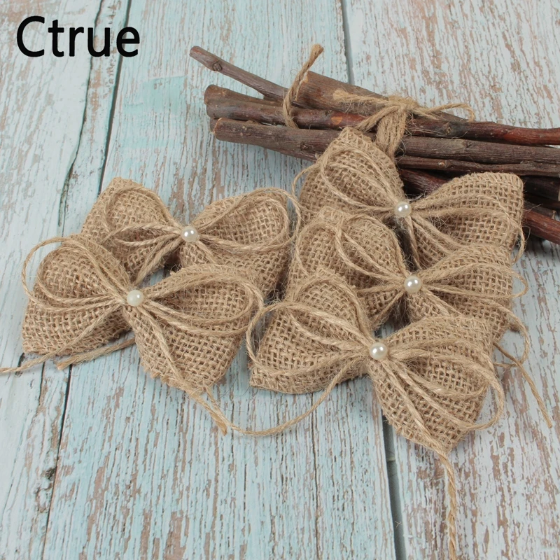 10pcs/lot Jute Burlap Hessian bow with Artificial bead Vintage Wedding Decoration Handmade Craft DIY christmas decoration