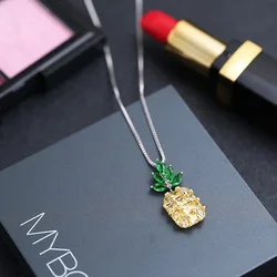 Sweet Pineapple Fruit Shine Cubic Zirconia Platinum Plated Ladies Pendant Necklaces Jewelry For Women No Fade Short Chains