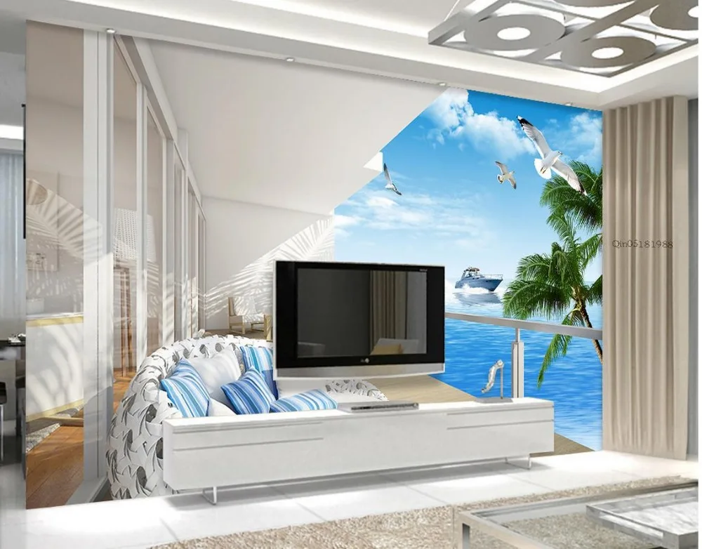 

3d customized wallpaper custom 3d wallpaper Balcony with sea view outside the window photo 3d wallpaper