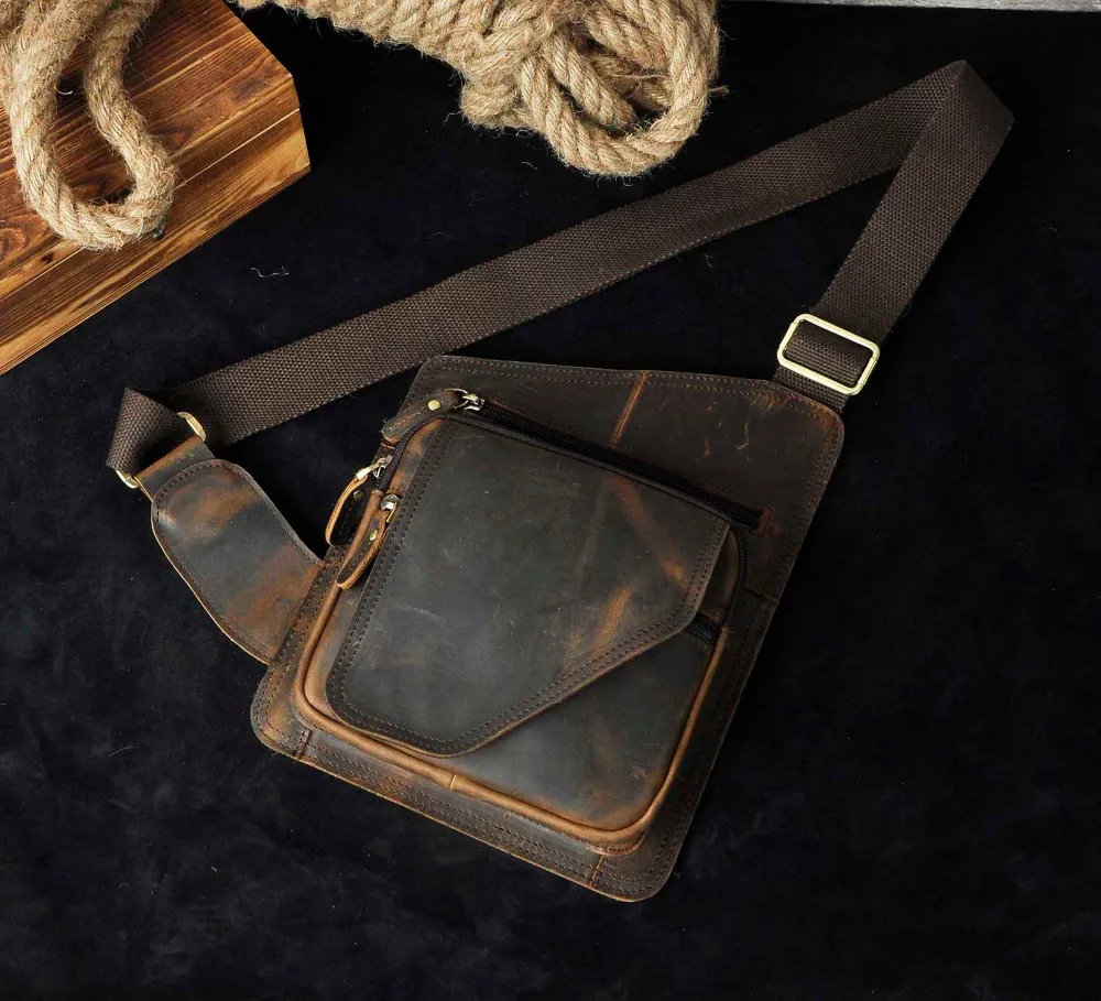 Men Crazy Horse Leather Casual Fashion Travel Waist Pack Chest Sling Bag Design One Shoulder Strap Crossbody Bag For Male B214