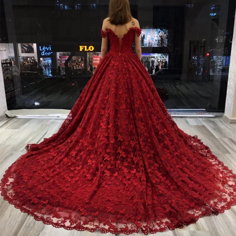 Gorgeous Princess Ball Gown Burgundy Prom Dresses Off The Shoulder Vestido De Fiesta De Graduacion Chapel Train Prom Gowns