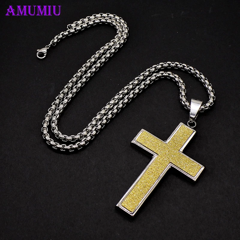 AMUMIU Black Cross Necklace Sky Bright Stainless Steel Chain Pendant Cross Gold  Silver Color Mens Women Necklace Best Gift P074