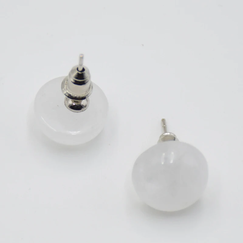 Women Simple Style Fashion Natural Stone White Crystal Half Ball Shape Stud Earrings Jewelry Accessories