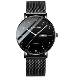 2023 Men Watch Ultra Slim Steel Mesh Quartz Wristwatch Dual Calendar Simple Black Clock Male Hodinky Man Watch Relogio Masculino