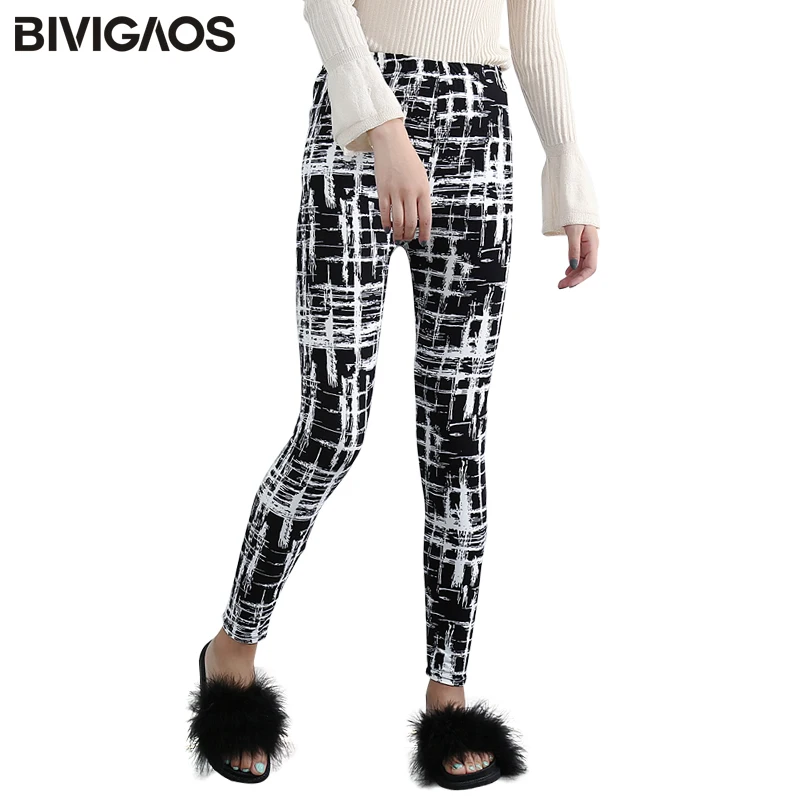 

BIVIGAOS Spring Women Leggings Abstract Plaid Printed Leggings Thin Sanding Fabrics Legging Pencil Pants High Stretch Leggings