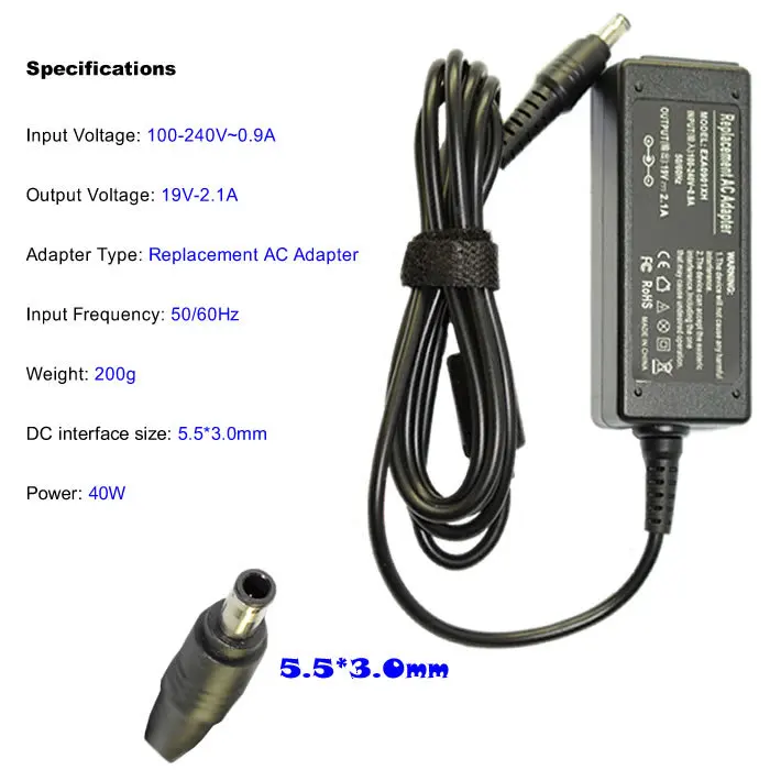 19V 2.1A 40W 5.5*3.0MM Replacement For Samsung np-nc10 nc10 NP-N145 plus NP-N150 Q30 R19 R20 AD-6019 NP-N150 Laptop AC Charger