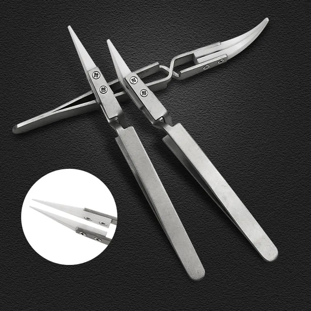 Stainless Steel Ceramic Tweezers Anti-magnetic Acid Proof Precision Clamping Tweezers Contrast Ceramic Tweezers Conical Elbow