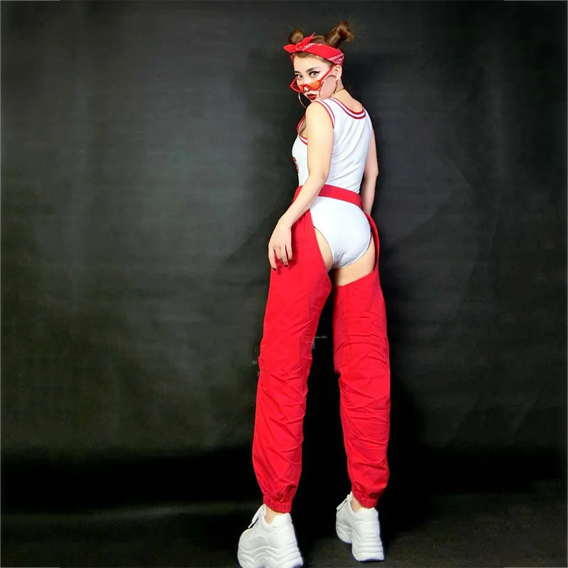 Jazz Dance Costumes Female Sleeveless Bodysuit Red Trousers Suits Women Adults Nightclub Dj Ds Gogo Show Wear Costume DNV11533