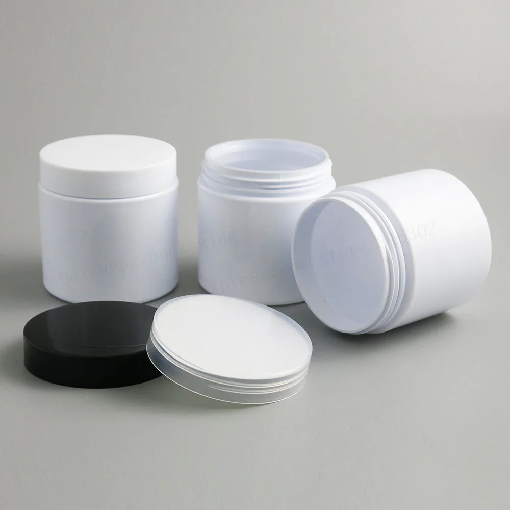 

20 x 200G White Travel Empty PET Jars with Black White Plastic Screw Lids 200g cream make up bottle