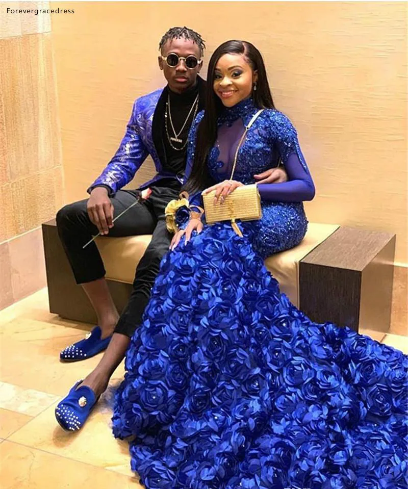 Royal Blue Prom Dresses Mermaid Long Sleeve Appliques Formal Pageant Holidays Wear Graduation Evening Party Gowns