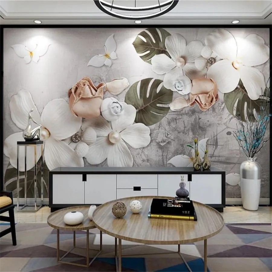 Custom wallpaper 3d mural papel de parede relief white four-petal pearl flower Nordic vintage background wall paper papier peint