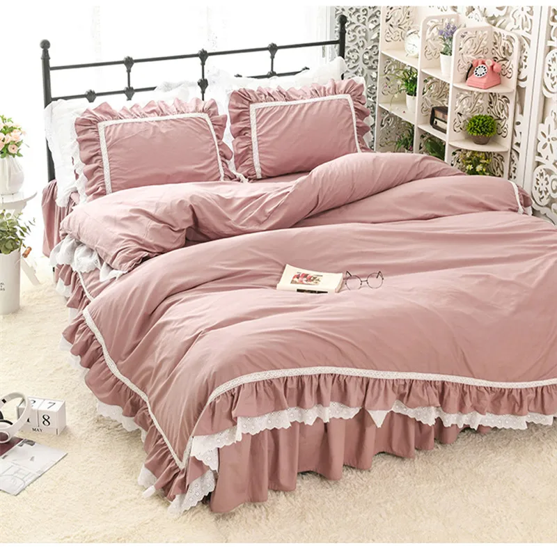 Free shipping cotton Korean princess ruffles bedding set twin full queen king size lace embroidery постельное белье с рюшами YYX