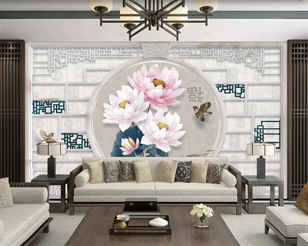 

beibehang Custom fashion wallpaper new Chinese 3D lotus embossed Chinese border marble pattern background wall papers home decor