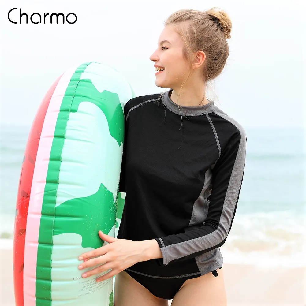 Charmo Women Rash Guard Shirt Long Sleeve Quick-drying Rashguard Running Shirts Biking Shirt Color block Surfing Top UPF 50+