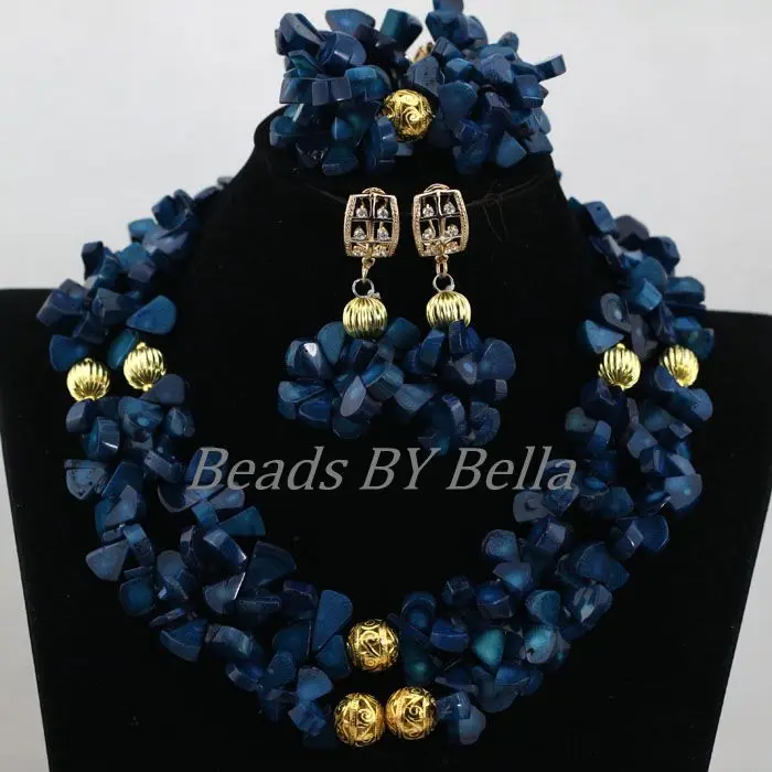 New Design Navy Blue Coral Beaded Necklace Set Fashion Costume Nigerian Wedding Bridal Jewelry Sets Free Shipping ABK670