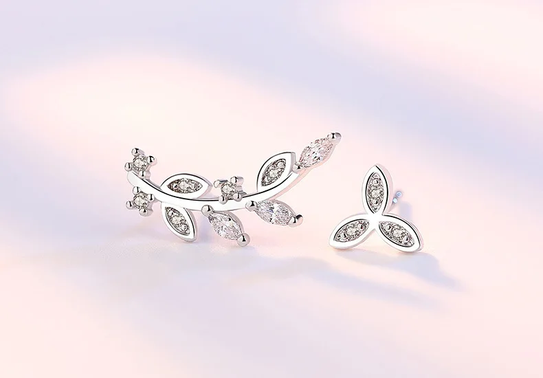 925 silver needle  Women Jewelry Fashion Cute Tiny Asymmetric Leaves Stud Earrings For Daughter Girls Ds530