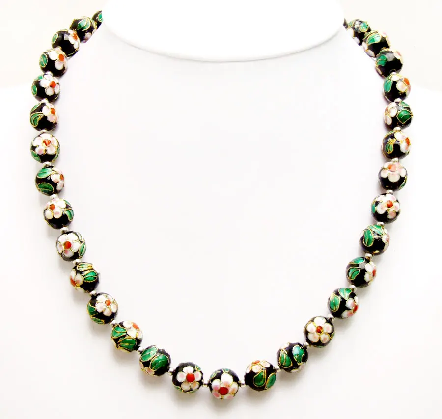 Qingmos Black Cloisonne Chokers Necklace for Women with 12mm Black Round Cloisonne & White Flower 20