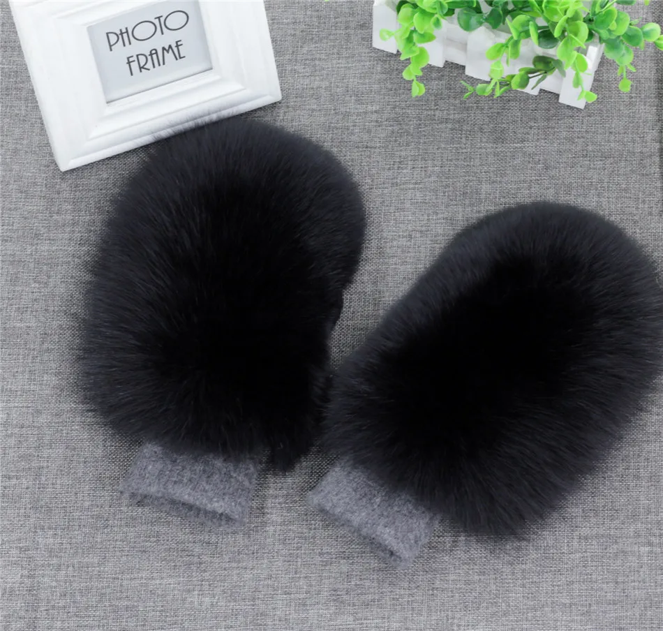 Women Fashion Brand New Genuine Woollen Fox Fur Covered Winter Gloves Mittens Russian Snow Ski Girls Warm Gloves