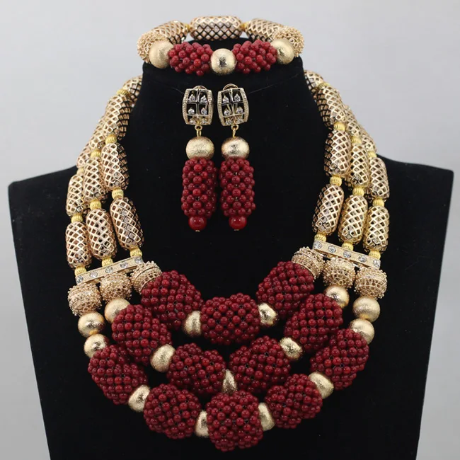 Hot Wine Red Coral Pendant Wedding Necklace Set Real Coral Beads Women Bridal Indian Statement Jewelry Set Asoebi AfricanABL730