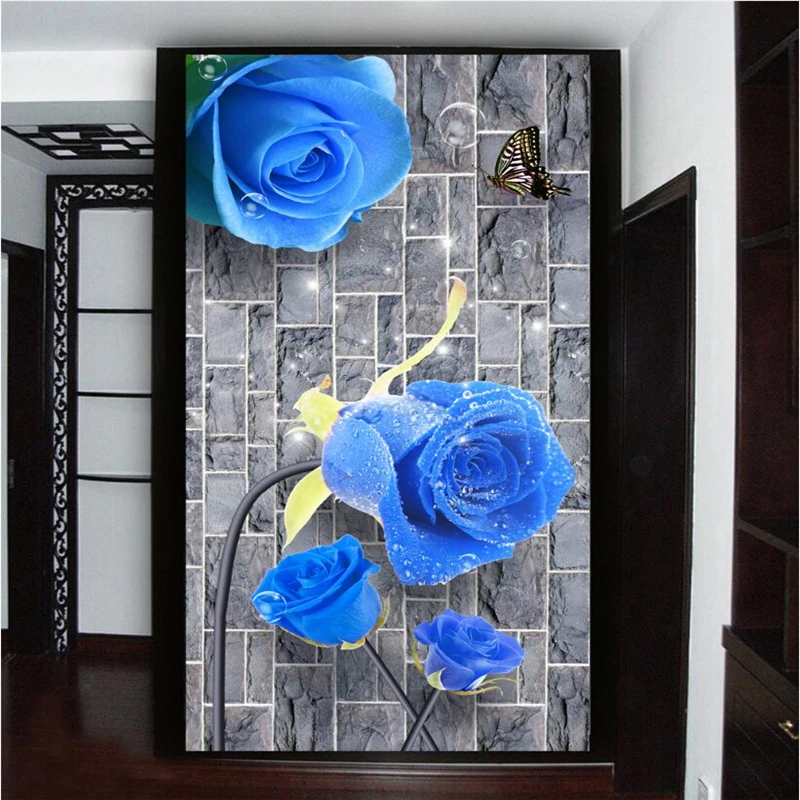 

beibehang Wallpaper Mural Wall Sticker Blue Rose Brick Wall 3D HORIZONTAL LAYER BACKGROUND papel de parede