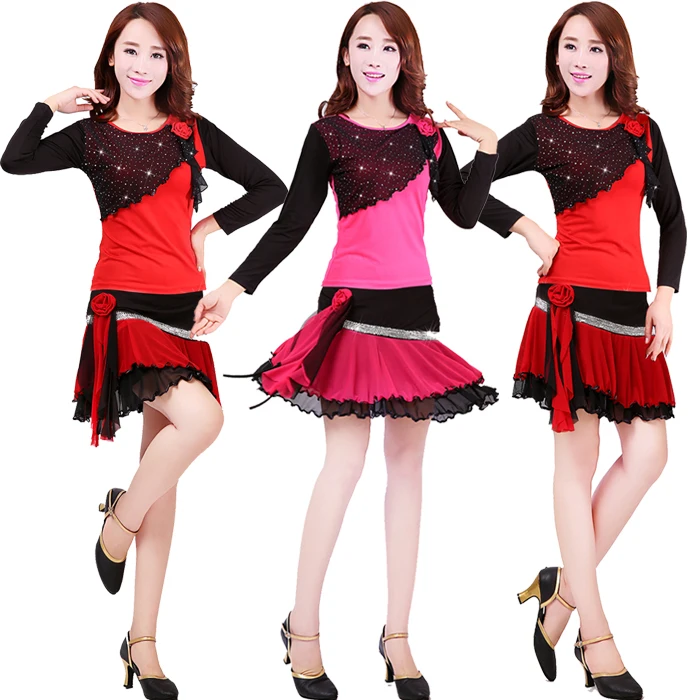 Fall and winter new long-sleeved shirt flowers Sequin short skirt adult Latin dance suit suit