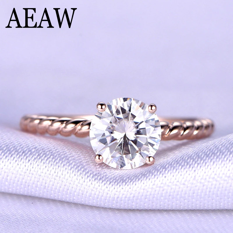 1 Carat ct 6.5mm Round Cut Engagement&Wedding Moissanite Diamond Ring with Twist Ringband Genuine 10K Rose Gold