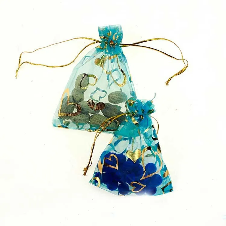 

15*20cm 100pcs Sky Blue Gold Heart Gift Bags For Jewelry/wedding/christmas/birthday Yarn Bag With Handles Packaging Organza Bags