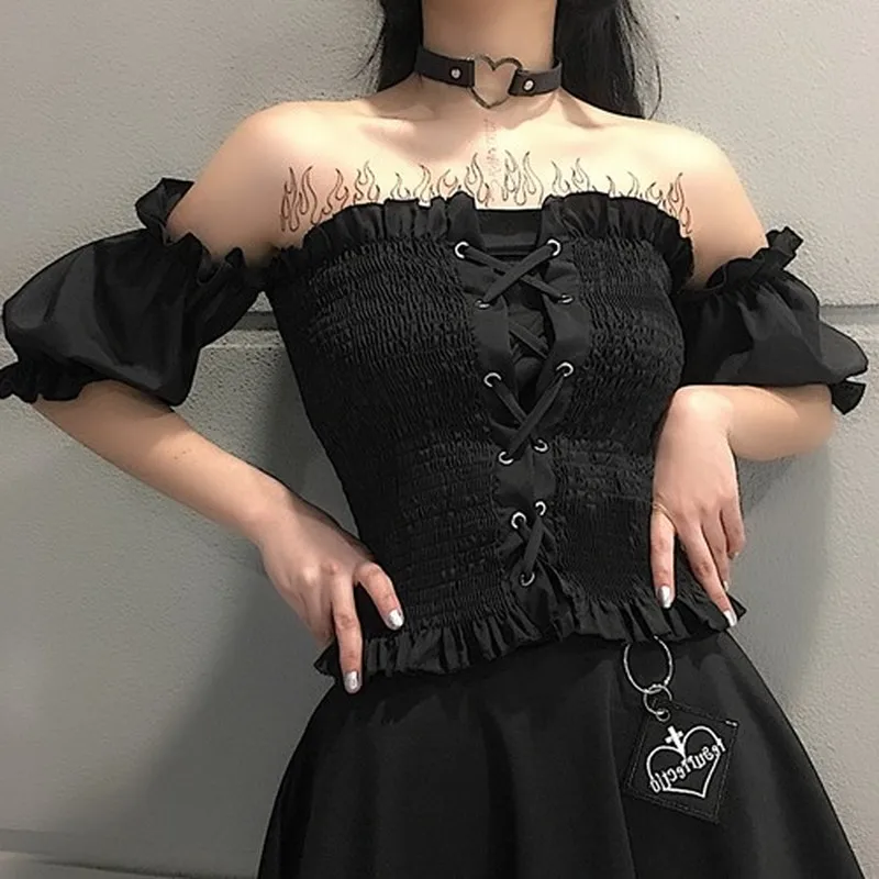 Gợi Cảm Ren Trắng Áo Kiểu Nữ Harajuku Gothic Trễ Vai Bé Gái Crop Ống Đầu Punk Phối Ren Chéo Ngắn Tay Ôm phù hợp với Áo Sơ Mi