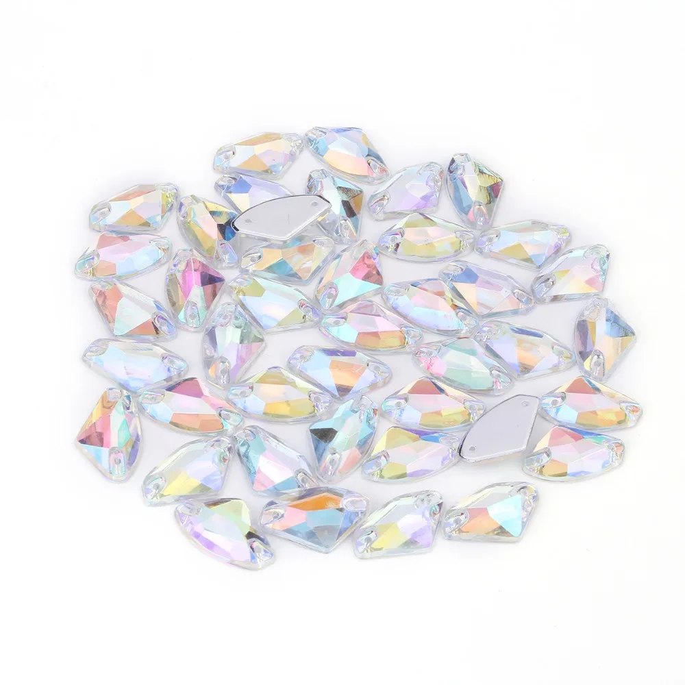 50pcs 12x18mm fan-shaped Glitter Crysta Sew On Acrylic Rhinestone Flatback Colorful Beads For Wedding Dress Shoes Bags Diy Trim