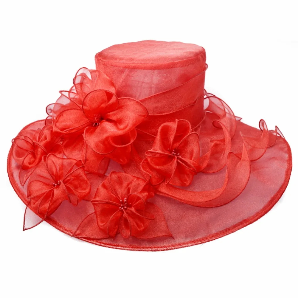 Outstanding Women\'s Wide Brim Summer Organza Hat with Handmade Floral Details for Church, Wedding or Kentucky Derby S10-3802