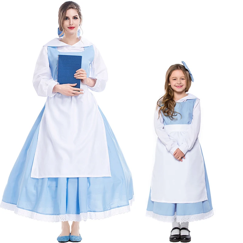 New Mother Daughter Belle Costume Adult Kid Light blue Maid Dress Party Halloween Cosplay Costumes Full Set for Women girl