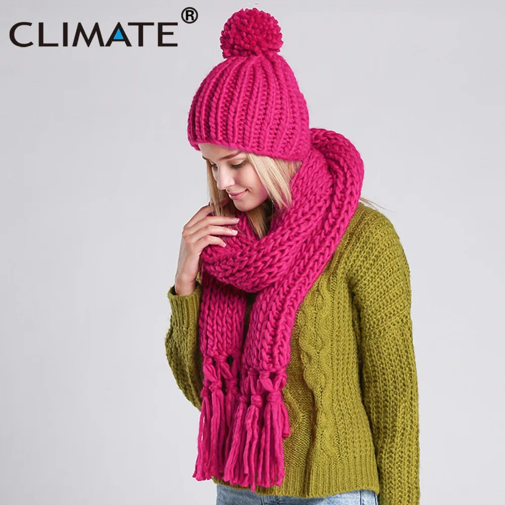 CLIMATE Women Winter Scarf And Hat Set Winter Girls Lady Warm Knit Pompom Beanie Bonnet Hat Scarf Set Hat And Scarf Winter Set