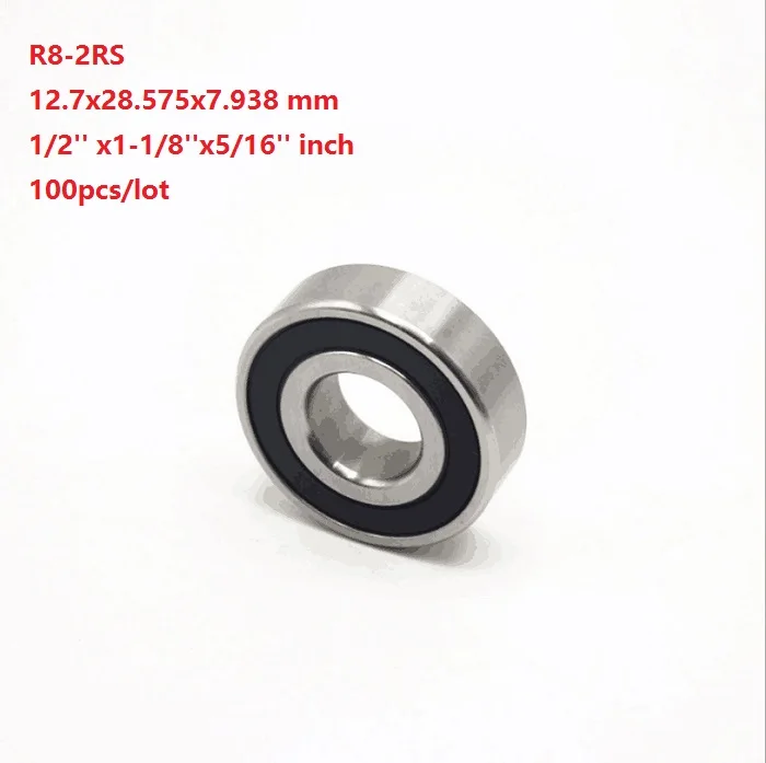 100pcs/lot R8-2RS R8RS R8 2RS RS 1/2'' x1-1/8''x5/16'' inch Double rubber cover Deep Groove Ball bearing 12.7x28.575x7.938mm