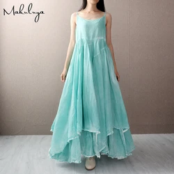 Makuluya Bohemia High Quality Cotton Linen Sleeveless Strap Vest Holiday Beach Long Dress Women Female Summer Spring Vintage L
