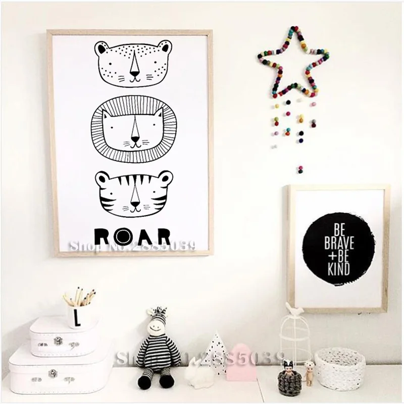 Cartoon Lion Tiger Roar Wall Mural Stickers Boys Tribal Monochrome Nursery Bedroom Wall Decal Kids Room DIY Self-Adhesive LC495