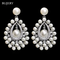 BLIJERY Luxurious Crystal Simulated Pearl Bridal Big Long Drop Earrings for Women Statement Wedding Earrings Jewelry Accessories