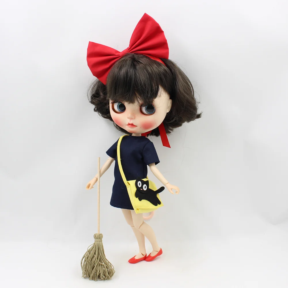 Clothes for Blyth 1/6 Doll Kiki's Delivery Service Clothes Deep Bule Dress Red Bow-Hair Band Cat Bag with Besom Free Shipping