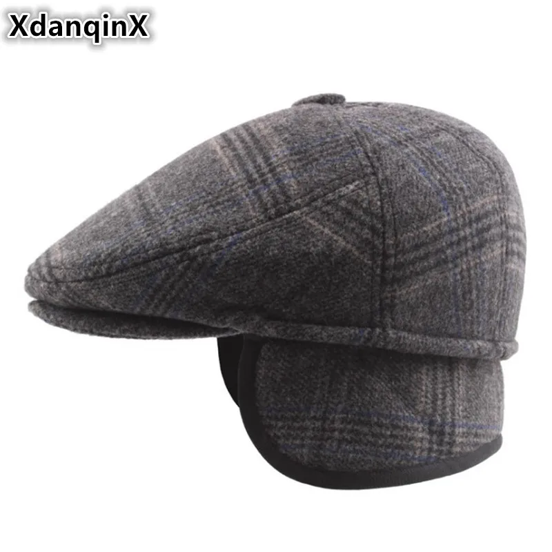 

XdanqinX Winter Men's Hats Plus Velvet Cotton Thick Beret With Ears Warm Dad's Tongue Cap Earmuffs Hat Cold-resistant Ski Caps