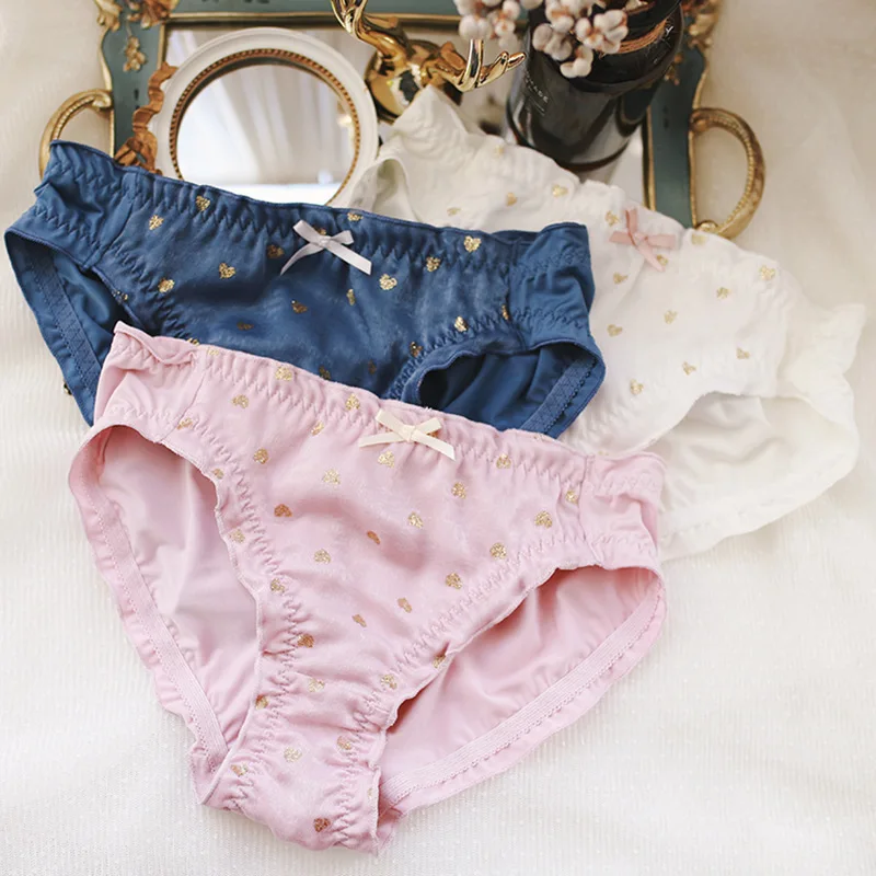 Hot Stamping Heart Print Milk Silk Girl Panties Middle Waist Cute Lovely Sweety Style Women Underwear Japanese Breifs