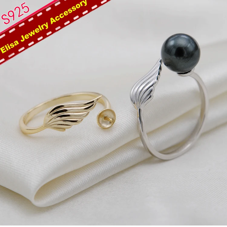 

Angel Wings Design Pearl Rings Holder S925 Sterling Silver Rings Settings Women DIY Pearl Rings Components 3Pieces/Lot