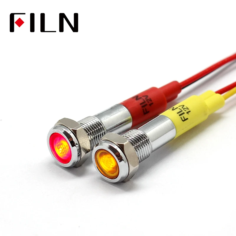 Filn-Mini voyant lumineux LED en métal, lampe de signalisation plate, rouge, jaune, câble de 20cm, 6mm, 12V